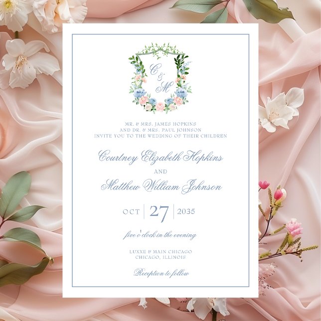 Dusty Blue Floral Crest Wedding Invitation (Creator Uploaded)