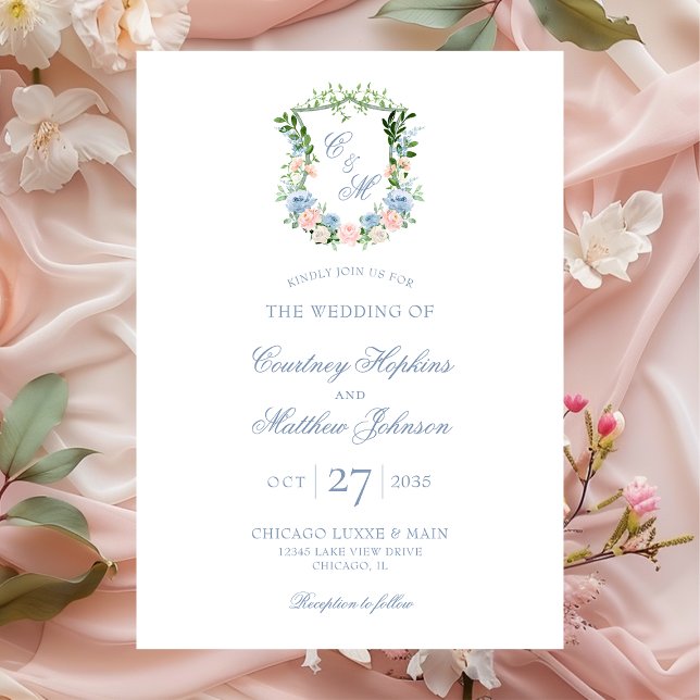 Dusty Blue Floral Crest  Wedding Invitation (Creator Uploaded)
