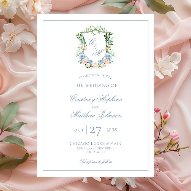 Dusty Blue Floral Crest  Wedding Invitation (Creator Uploaded)