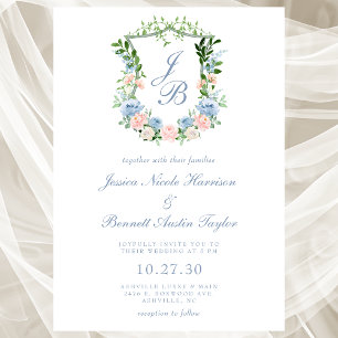 Dusty Blue Floral Crest Wedding Invitation