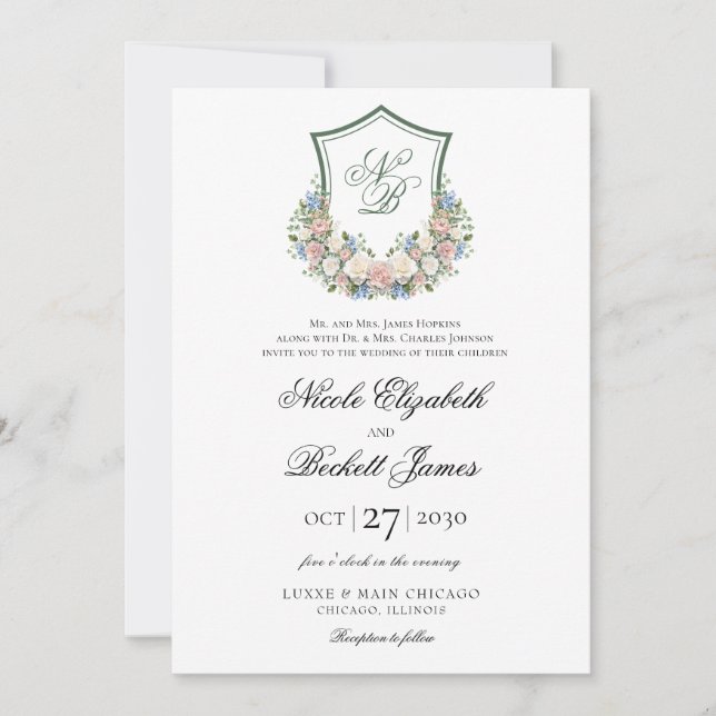 Dusty Blue Floral Crest Wedding Invitation (Front)