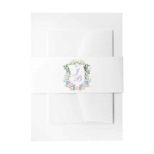 Dusty Blue Floral Crest Wedding Invitation Belly Band (Front Example)