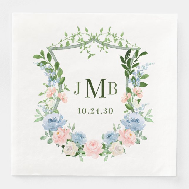 Dusty Blue Floral Crest Wedding Napkin (Front)