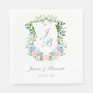 Dusty Blue Floral Crest Wedding Napkin