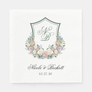 Dusty Blue Floral Crest Wedding Napkin