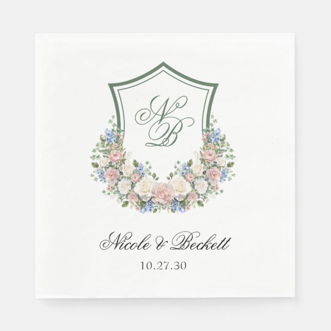 Dusty Blue Floral Crest Wedding Napkin (Front)