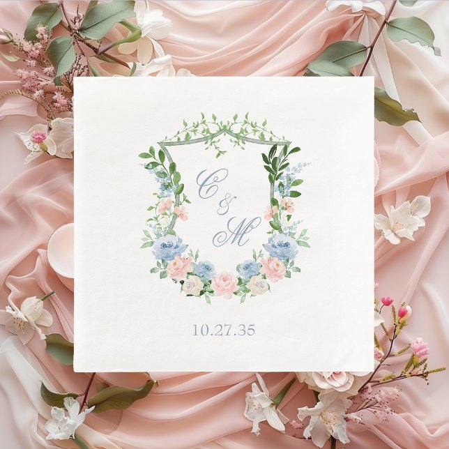 Dusty Blue Floral Crest Wedding Napkin (Creator Uploaded)