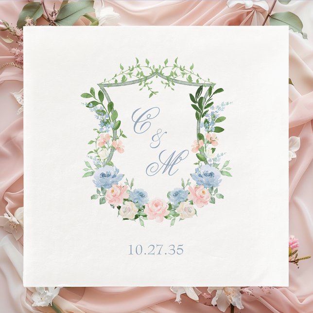 Dusty Blue Floral Crest Wedding Napkin (Creator Uploaded)
