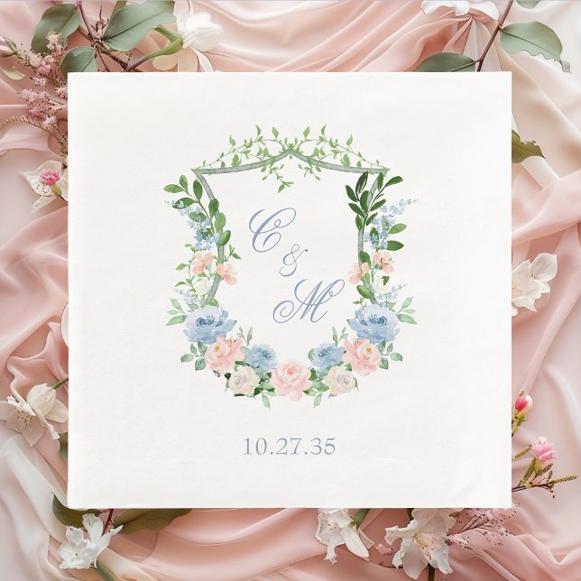 Dusty Blue Floral Crest Wedding Napkin (Creator Uploaded)