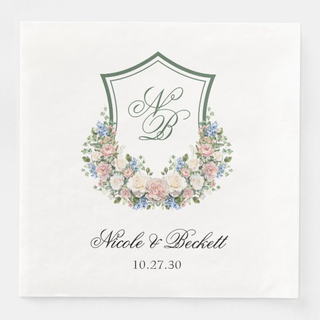 Dusty Blue Floral Crest Wedding Napkin (Front)