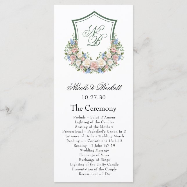 Dusty Blue Floral Crest Wedding Program Programme (Front)