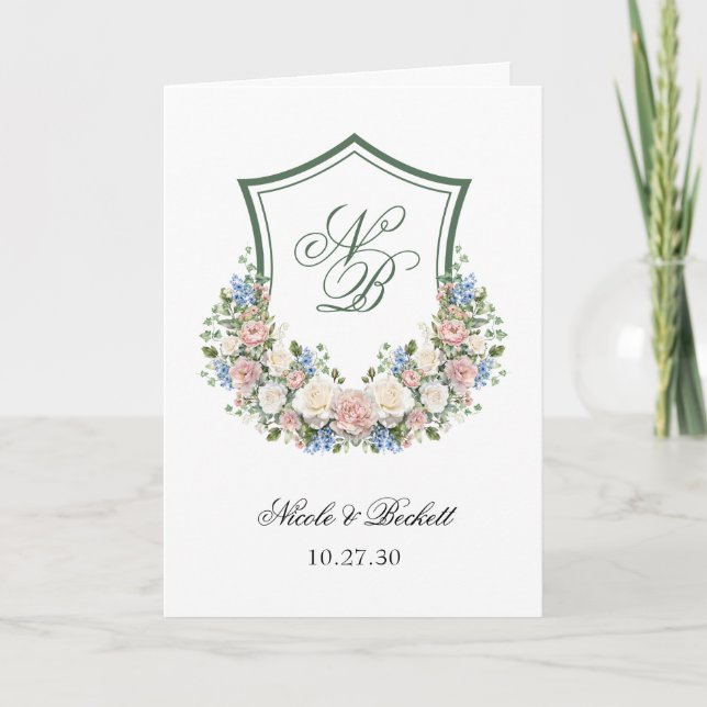Dusty Blue Floral Crest Wedding Program Programme (Front)