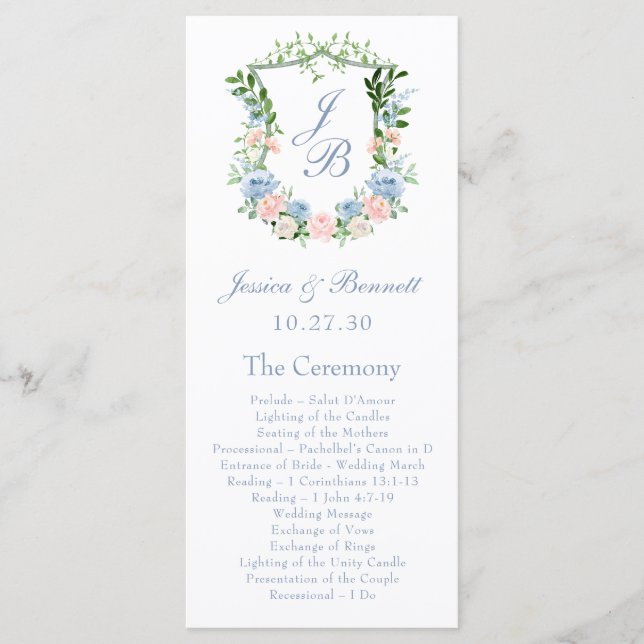 Dusty Blue Floral Crest Wedding Programme (Front)