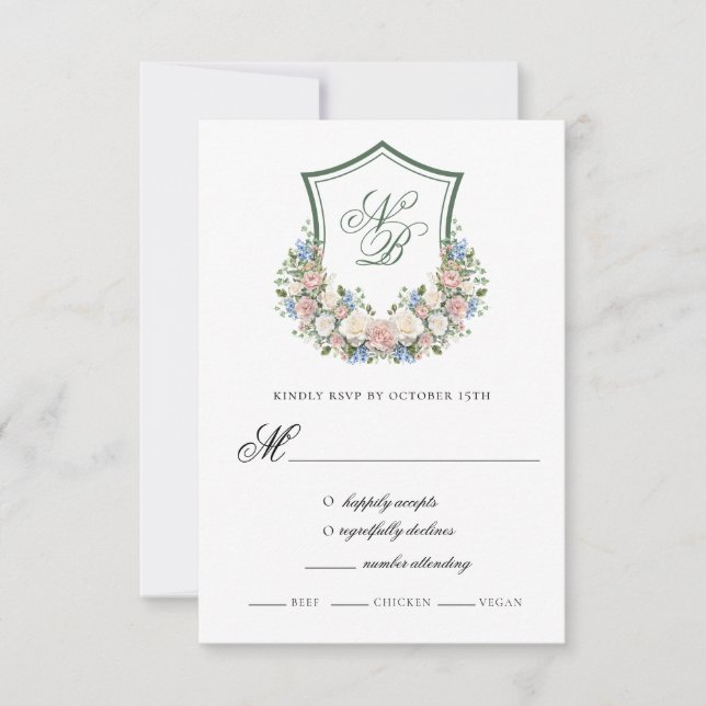 Dusty Blue Floral Crest Wedding Response Card (Front)