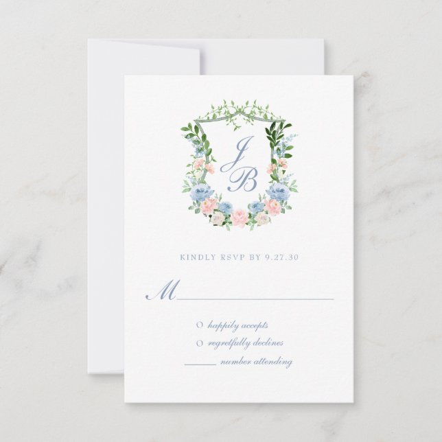 Dusty Blue Floral Crest Wedding Response Card (Front)