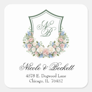 Dusty Blue Floral Crest Wedding Return Address Square Sticker