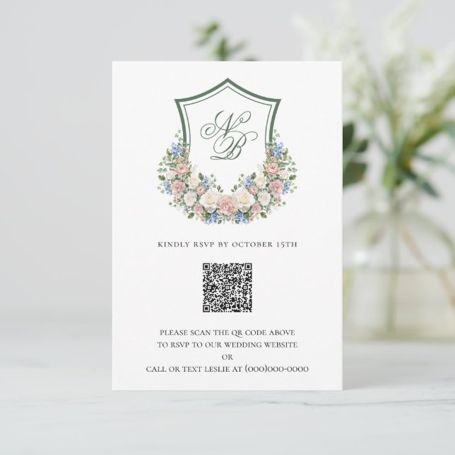 Dusty Blue Floral Crest Wedding RSVP Card (Standing Front)
