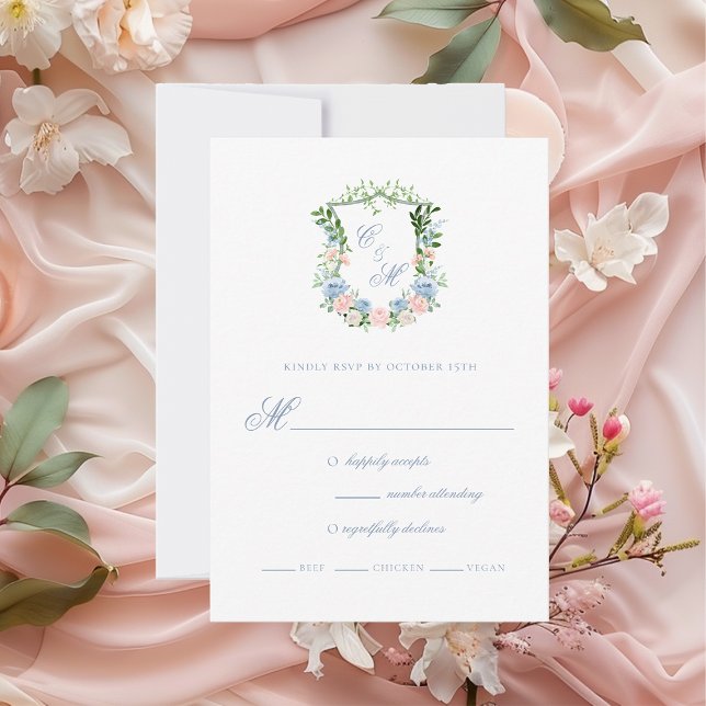 Dusty Blue Floral Crest Wedding RSVP Card (Creator Uploaded)
