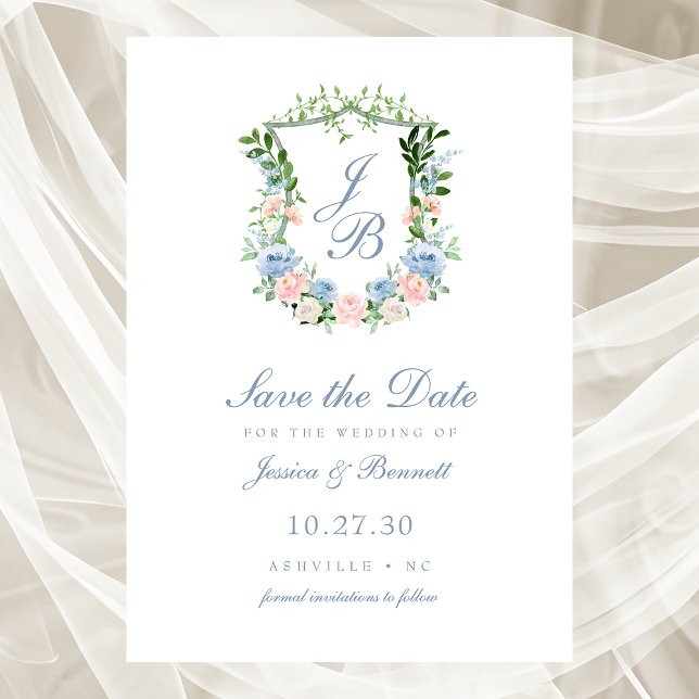 Dusty Blue Floral Crest Wedding Save The Date (Creator Uploaded)