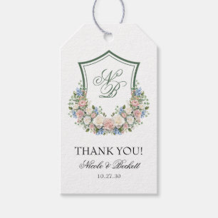Dusty Blue Floral Crest Wedding Thank You Gift Tags