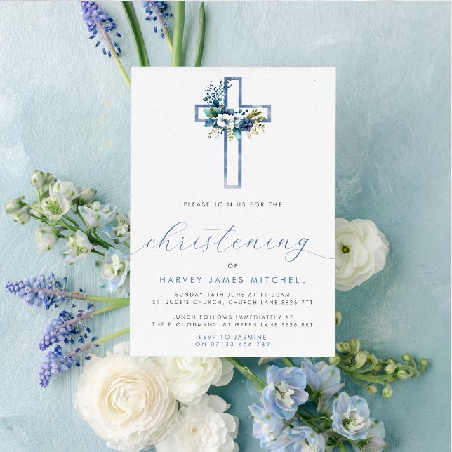 Dusty Blue Floral Cross Baby Christening Invitation (Creator Uploaded)
