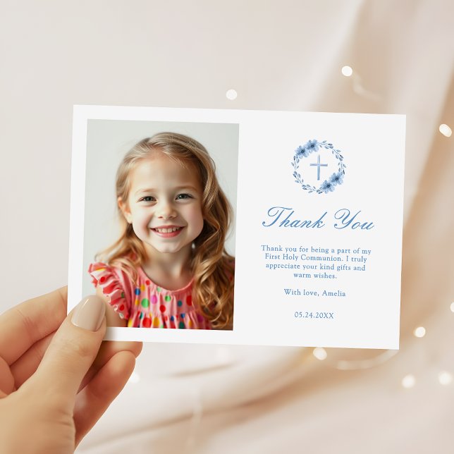  Dusty Blue Floral Cross Girls First Communion  Thank You Card (Creator Uploaded)