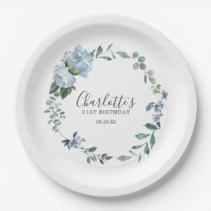  Dusty Blue Floral Custom 21st Birthday Custom Paper Plate