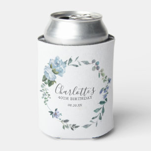  Dusty Blue Floral Custom 40th Birthday Custom Can Cooler