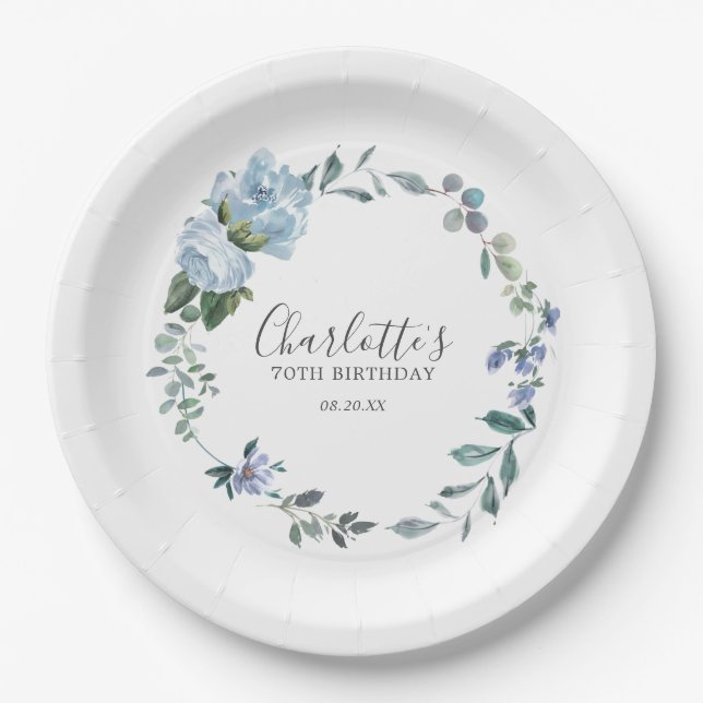  Dusty Blue Floral Custom 70th Birthday Custom Paper Plate (Front)