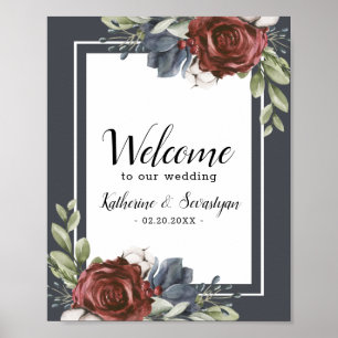 Dusty Blue Floral Dark Welcome Wedding Poster
