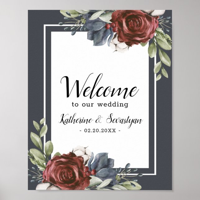 Dusty Blue Floral Dark Welcome Wedding Poster (Front)