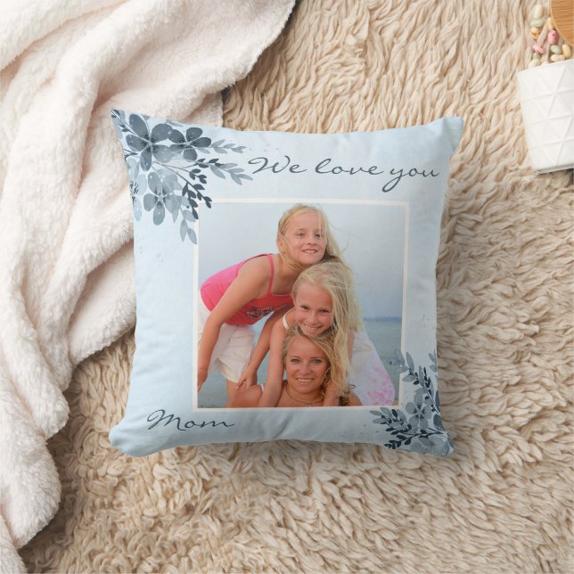 Dusty Blue Floral Design Mum Photo Pillow (Blanket)