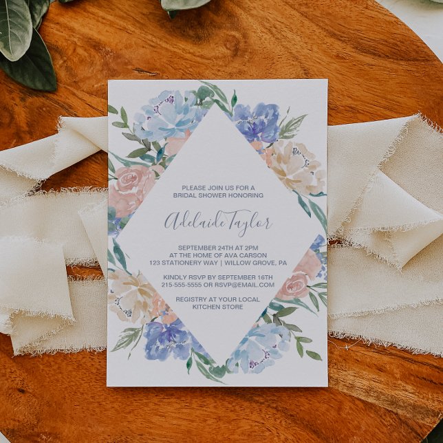 Dusty Blue Floral Diamond Bridal Shower Invitation (Creator Uploaded)