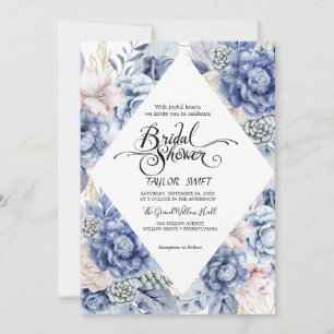 Dusty Blue Floral Diamond   Bridal Shower  Invitation