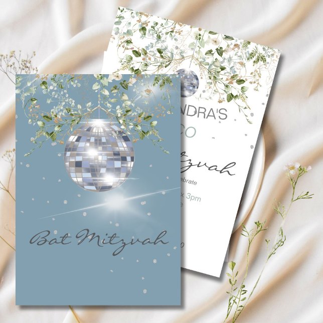 Dusty Blue Floral Disco Ball Bat Mitzvah Invitation (Creator Uploaded)
