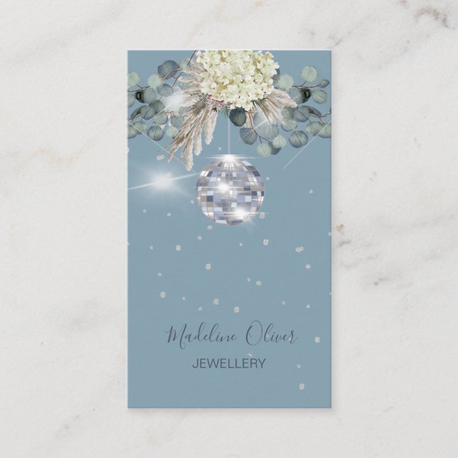Dusty Blue Floral Disco Ball Jewellery Display Business Card (Front)