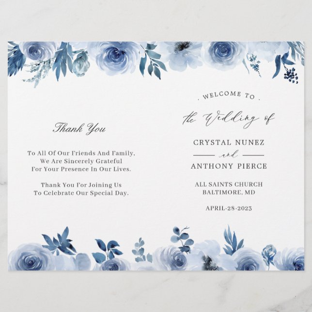 Dusty Blue Floral DIY Folded Wedding Program (Front)