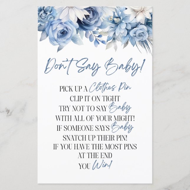 Dusty Blue Floral Don't Say Baby Shower Game (Front)