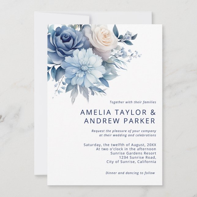 Dusty Blue Floral Dusty Rose Blush Pink Wedding  Invitation (Front)