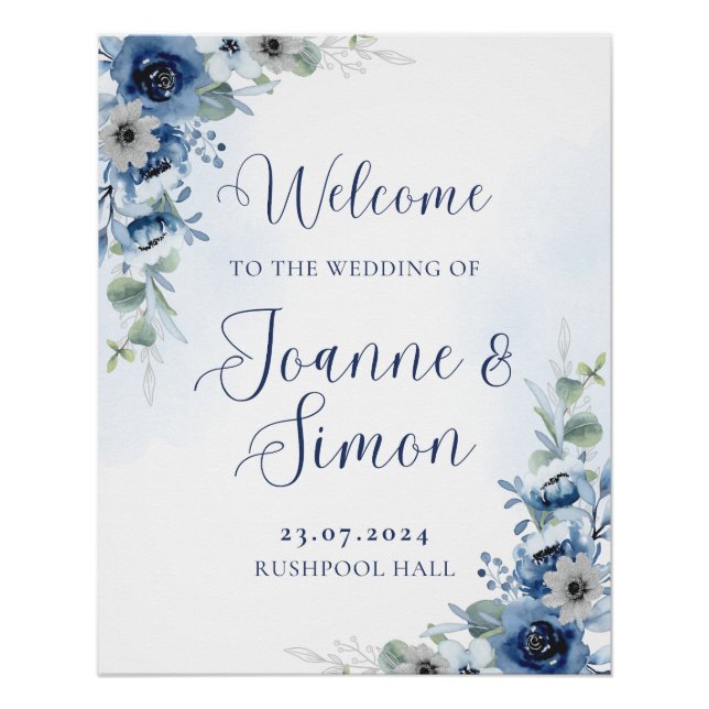 Dusty Blue Floral Editable Wedding Welcome Sign (Front)
