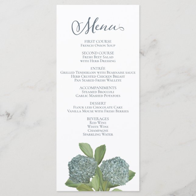 Dusty Blue Floral Elegant Botanical Dinner Menu (Front)