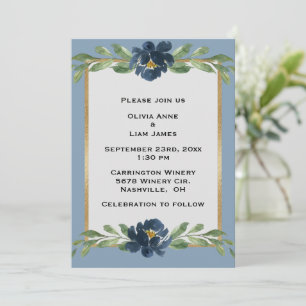 Dusty Blue Floral Elegant Floral Gold Wedding Invitation
