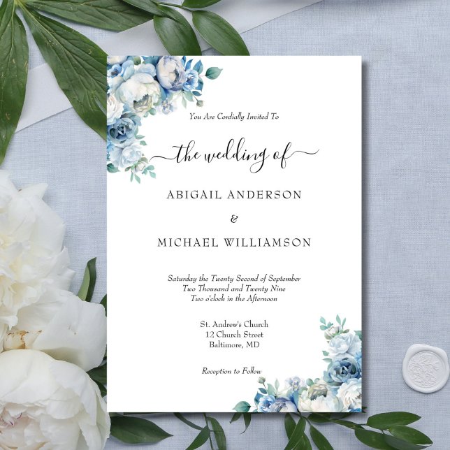 Dusty Blue Floral Elegant Formal Script Wedding Invitation (Dusty Light Blue Floral Watercolor Peonies Wedding Invitation. Elegant Traditional Formal)