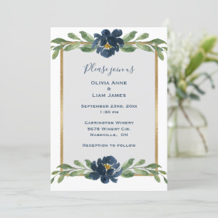 Dusty Blue Floral Elegant Gold Wedding Invitation