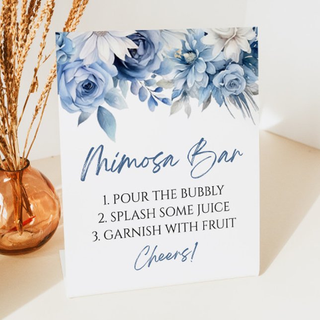 Dusty Blue Floral Elegant Modern Mimosa Bar Pedestal Sign (Creator Uploaded)