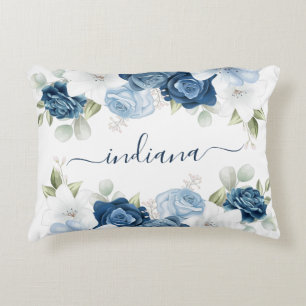 Dusty Blue Floral Elegant Script Monogram Decorative Cushion