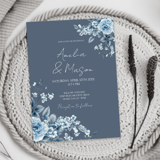 Dusty Blue Floral Elegant Script Wedding  Invitation