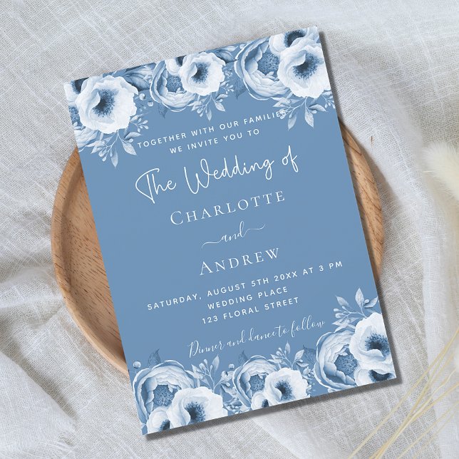 Dusty blue floral elegant script wedding invitation postcard (Creator Uploaded)