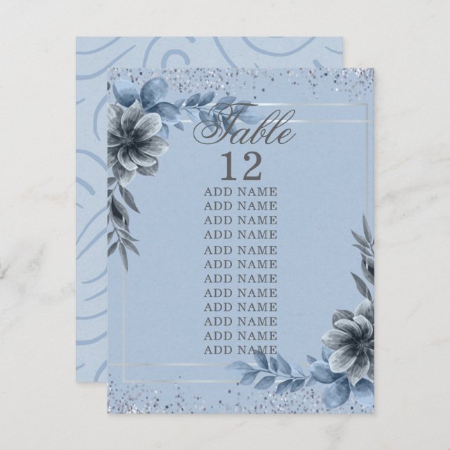 Dusty Blue Floral Elegant Table Number Cards (Front/Back)