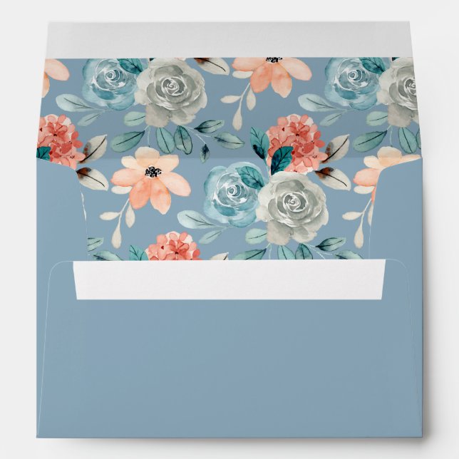 Dusty Blue Floral Elegant Wedding Calligraphy  Envelope (Back (Bottom))